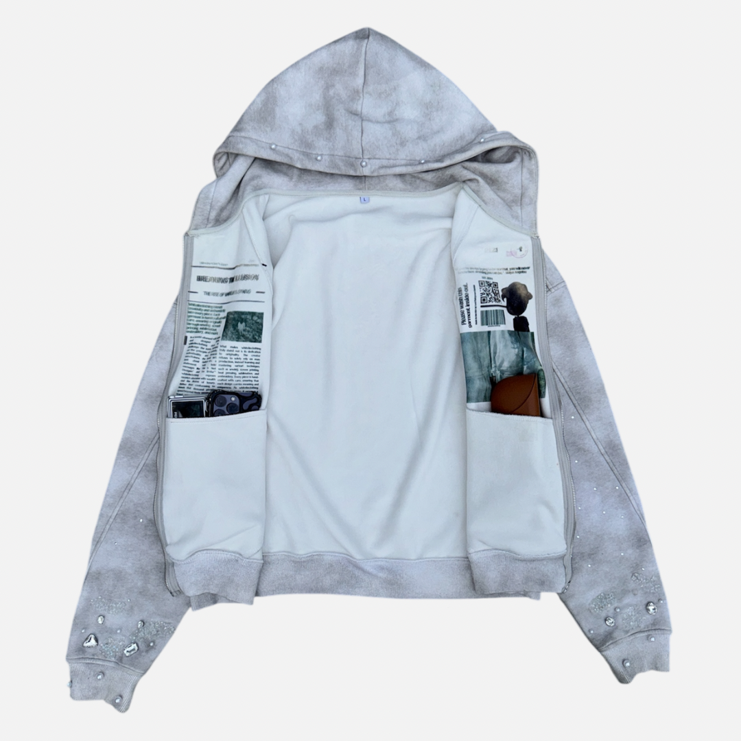 STONE |HOOD/ZIP-UP (Cotton Fleece 'Institutional SurfaceIllusion' Stonewashed Zipup Hoodie – whitelieclothing