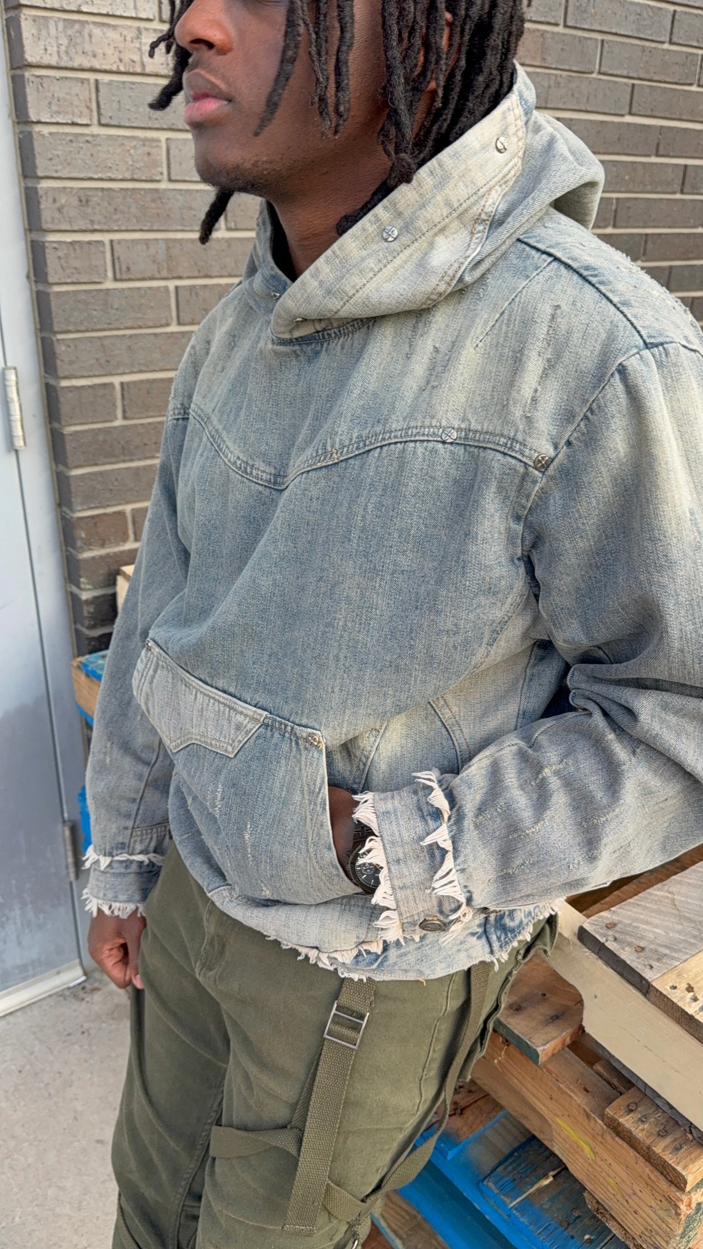 ‘MorphHood’ Distressed Washed Denim Hoodie